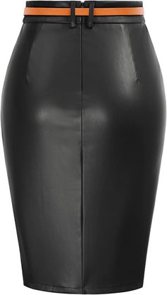 This Business Style Belted Button Down Pencil Skirt is a perfect fusion of classic elegance and contemporary style. The high quality craftsmanship includes multiple complementary features, such as the belted waist, button-up front, and slim-fit silhouette. Incorporate this stylish piece into any professional wardrobe for a timeless, chic look. 55% Polyester, 45% Polyurethane Imported Button closure Do Not Dry Clean Luxury imitated leather fabric, this PU Pencil Skirt is Comfy and moderately stre Elegant High Waist Mini Skirt With Belt Loops, Classic Office Skirt With Belt Loops, Classic Fitted Mini Skirt With Belt Loops, High Waist Fitted Belted Skirt, Elegant High Waist Pencil Skirt With Buttons, Elegant High-waisted Pencil Skirt With Button Closure, Fitted Skirt With Belt Loops, Elegant Knee-length Buttoned Skirt, Fitted High Waist Mini Skirt With Button Closure