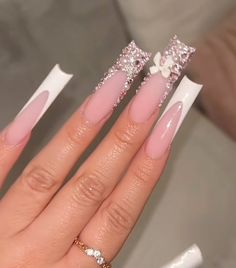 pink and white bling nails White And Pink Acrylics, Pink With White Tips Nails, Long Basic Nails, Long Bling Acrylic Nails, Simple Bling Nails, White Bling Acrylic Nails, White Bling Nails, Nails Pink And White, Bday Nails