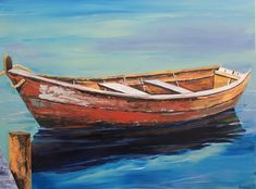 a painting of a boat on the water with a wooden dock in front of it