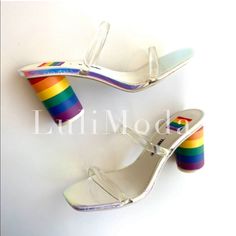 - Brand New In Box A Rainbow Block Heel Brings A Bold Pop Of Color To This Contemporary Clear Strap Sandal. 3.5" Heel Slip-On Cushioned Insole Open Toe Mule Back Block Heel Synthetic Upper, Lining, And Sole Imported Zebra Heels, Rainbow Vinyl, Dolce Vita Heels, Tan Mules, Lucite Heels, Tie Up Heels, Rainbow Shoes, Floral Heels, Stunning Shoes