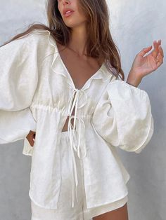 Two Piece Shorts, Two Piece Shorts Set, Linen Design, Lantern Sleeve Top, Bandeau Tops, Elastic Shorts, Long Sleeve And Shorts, Two Piece Pants Set, Lantern Sleeves