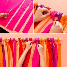 the process of making an orange, pink and purple scarf with ribbon ties on it