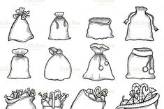 hand drawn bags with different types of items for sale on the market, sketched in black and white