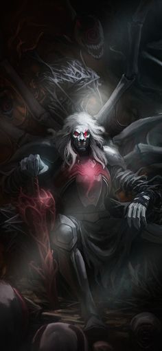 a demonic creature with red eyes and white hair sitting in front of a dark background