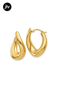 14K yellow gold twisted oval hoop earrings. Measure approximately 7/8"L x 3/8"W and have saddleback backings. Polished Oval Huggie Earrings, Oval Hoop Earrings, Hoop Earrings, Twist, Yellow Gold, Yellow, Gold