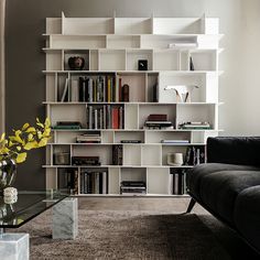 a living room filled with furniture and a book shelf next to a glass coffee table