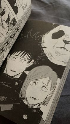 an open book with anime characters drawn on it's pages and in the background, there are pictures of pandas