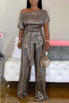 Gold Fashion Street Solid Short Sleeve One Shoulder Collar Jumpsuits Gold Street Style, Gold One Piece, Off The Shoulder Jumpsuit, Gold Jumpsuit, Cheap Fashion Dresses, Beautiful Jumpsuits, Collar Jumpsuit, Sequin Jumpsuit, Jumpsuit With Sleeves