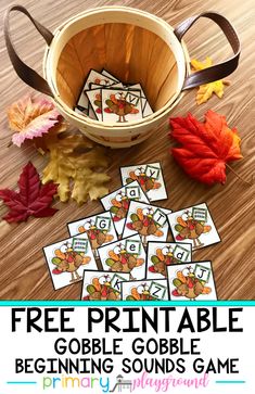 the free printable gobble game for beginning sounds is shown with fall leaves and other items