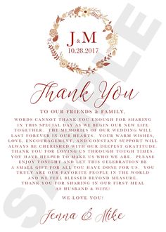 the wedding thank card is shown in red, gold and white with an elegant wreath design