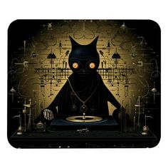 a black cat with glowing eyes sitting at a turntable in front of an abstract background