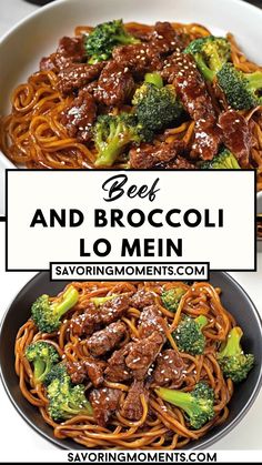 beef and broccoli lo mein in a bowl with the words beef and broccoli