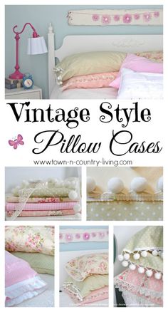 vintage style pillow cases are displayed in this collage