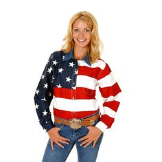 Roper Ladies American Flag Long Sleeve Shirt Features: Denim Collar 100% Cotton Womens Long Sleeve Shirts, Stars And Stripes, Printed Denim, Red White And Blue, Western Wear