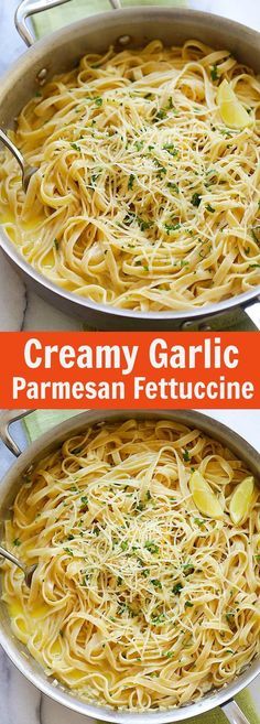 two pans filled with creamy garlic parmesan fettuccine