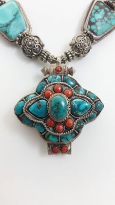 "The beautiful sterling silver-wrapped blue stones in this necklace are turquoise. These were hand-crafted by Tibetan artists living as refugees in Nepal. Turquoise has been a treasured jewelry stone around the world for thousands of years. It was used by the Egyptians as early as 5500 B.C. In many cultures, turquoise is regarded as a harbinger of good fortune, success and health. Turquoise is associated with peace, endurance, surefootedness, good luck, mood improvement, protection, courage, pea Tibetan Necklace Bohemian, Mood Improvement, Taos Art, Vintage Turquoise Jewelry, Prayer Box, Tibetan Turquoise, Blue Stones, Jewelry Stone, Vintage Turquoise