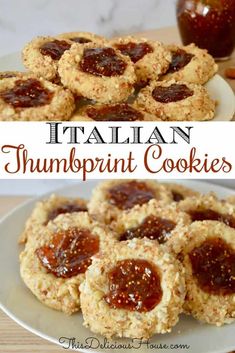 italian thumbnut cookies with jam on top and in the background, there is a plate full of cookies