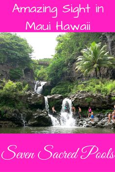 some people are standing in the water near a waterfall with pink text that reads amazing sight in