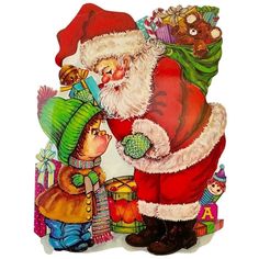 a painting of santa claus giving presents to a little boy