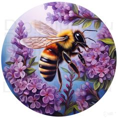 a painting of a bee sitting on top of purple flowers