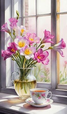 a painting of flowers in a vase next to a cup and saucer on a window sill