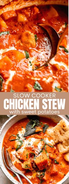 slow cooker chicken stew with sweet potatoes and spinach is the perfect meal to enjoy