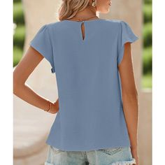 Discover our Women's Summer Tops designed for both casual and dressy occasions. Made from 100% polyester, these blouses feature a pleated round neck and ruffle short cap sleeves, providing lightweight comfort and breathability throughout the day. The stylish curved keyhole back and loose fit design add a touch of elegance, making them a versatile addition to your wardrobe for work or leisure. Relaxed Fit Short Sleeve T-shirt With Ruffles, Non-stretch Ruffled Short Sleeve Blouse, Cotton Ruffled Short Sleeve T-shirt, Light Blue 3/4 Sleeve Casual Blouse, Blue 4-way Stretch Short Sleeve Tops, Casual Summer Tops, Womens Tops Summer, Ruffle Shorts, Satin Shirt