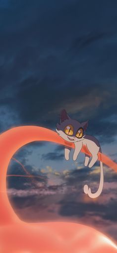 an animated cat flying through the air with its tail extended and eyes wide open in front of a cloudy sky