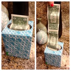 two pictures showing how to wrap money in a gift box and insert it into a tissue paper