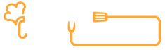 an orange and white image of utensils on a white background