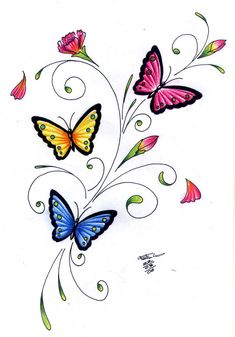 three colorful butterflies on white paper with swirls