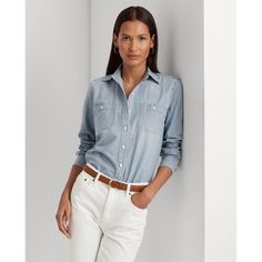 With lightweight cotton chambray this shirt offers effortless style whether tucked in or left undone. Chambray Shirt Outfit, Jean Shirt Outfits, Chambray Shirt Outfits, Ladies Style, Polished Style, Pony Club, Shirt Tucked In, Chambray Shirt, Shirt Button