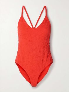 MARA HOFFMAN Emma recycled-popcorn swimsuit Red Nylon Swimwear For Spring, Red Polyamide Swimwear For Summer, Red Polyamide Swimwear For Beachwear, Popcorn Fabric, Mediterranean Summer, Travel Outfits, Red Swimsuit, Mara Hoffman, Sports Suit