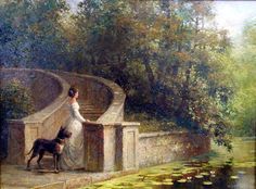 a painting of a woman and her dog standing on a bridge next to a pond