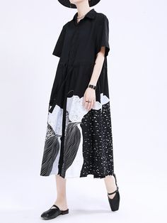 Loose Short Sleeves Contrast Color Drawstring Printed Tied Waist Lapel Midi Dresses Shirt Dress Loose Maxi Dress, Lantern Sleeve Dress, Sleeveless Short Dress, Long Shirt Dress, Midi Shirt Dress, Loose Shorts, White Shirt Dress, Black Shirt Dress, Fashion Seasons