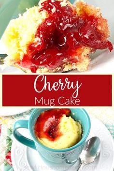 cherry mug cake on a plate with a fork