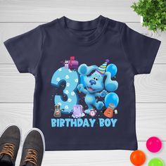 a blue birthday shirt with the number three on it and an image of a teddy bear