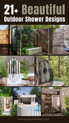 an outdoor shower design is shown with many different pictures and text that says, 21 beautiful outdoor shower designs