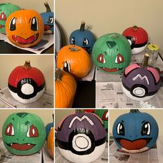 several different pictures of pokemon pumpkins with faces painted on them, all in different colors