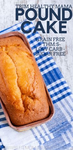 a loaf of pound cake sitting on top of a blue and white checkered towel