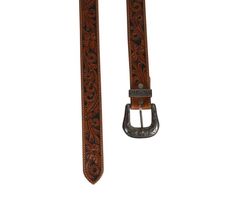 a brown leather belt with an ornate design on the side and a metal buckle at the end