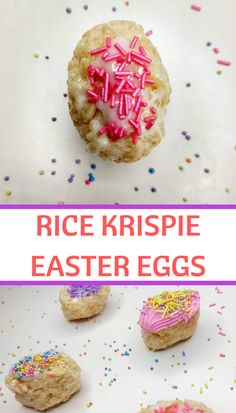 rice krispie easter egg cookies with sprinkles and pink frosting on top