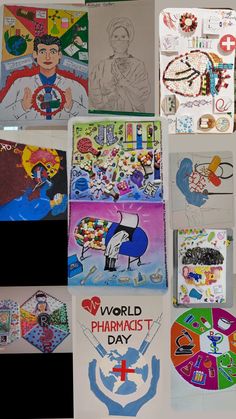 many different pictures are shown on the wall with stickers and magnets attached to them