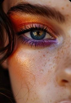 Orange Themed Makeup, Orange Eyeshadow Makeup Looks, Fun Makeup For Blue Eyes, Orange Eyeshadow Halloween, Orange Red Eyeshadow Looks, Summer Makeup Blue Eyes, Sunset Inspired Makeup, Vibrant Eye Makeup, Summer Festival Makeup