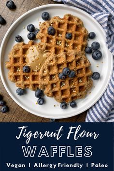 a white plate topped with blueberries and waffles