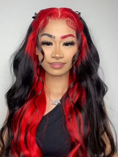 CurlyMe Natural Black Hair With Demon Red Top Lace Front Wigs Straight Human Hair Top Layer Of Hair Dyed, Red N Black Hair, Red And Black Hairstyles, Black Hair With Red Tips, Red Hair Costumes, Red Roots Black Hair, Red And Black Wig, Red And Black Hair Color, Red And Black Hair Ideas