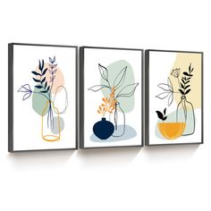 three paintings on the wall with plants in vases