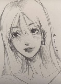 a pencil drawing of a girl with long hair and big earrings on her head, looking at the camera