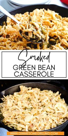 cooked green bean casserole in a cast iron skillet