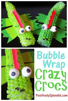 bubble wrap crazy crocs with eyes and nose on them, made from green paper